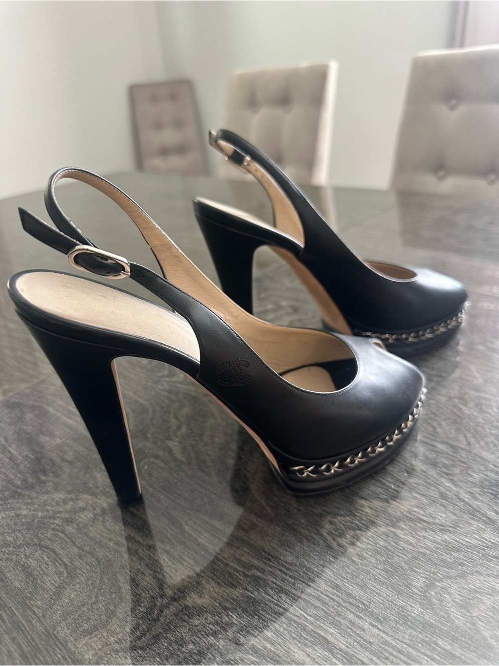 CHANEL Black Peep-Toe Slingback Heels with Chain Trim - Picture 2 of 4